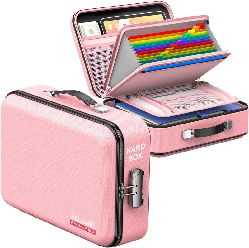 COLCASE Hard Case Organizer Box with Lock, Hard-Shell Design, Fireproof, Water Resistant for Important Documents, Certificates, Laptop, Passports, Pink - Image 1